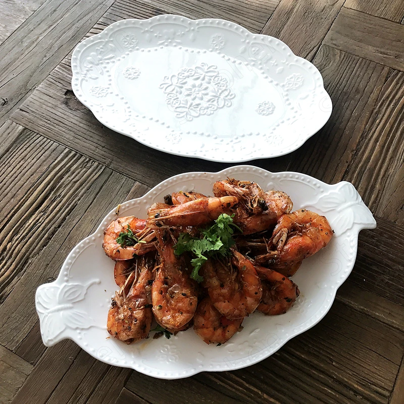 

Butterfly Lace Large Dessert Plate European Vintage Relief Craft Large Oval Ceramic Plates Dinner Afternoon Tea Fruit Snack Dish