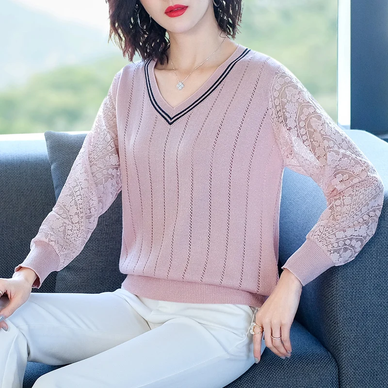 

LUKAXSIKAX 2020 New Spring Autumn Women Slim Base Sweater High Quality Fashion Lace Patchwork Knitted Pullover Sweater