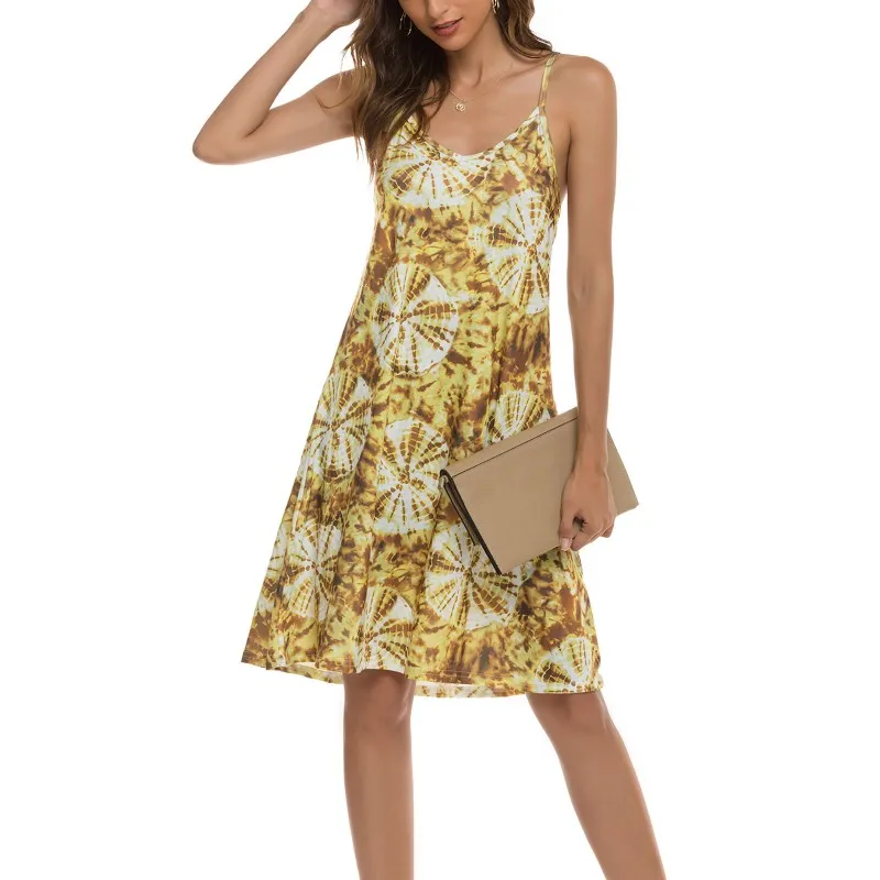 

Summer Explosive Style Hanging Neck Sling Adjustable Shoulder StrapCasual Printing Sexy Big Swing Dress Women's Clothing Skirt