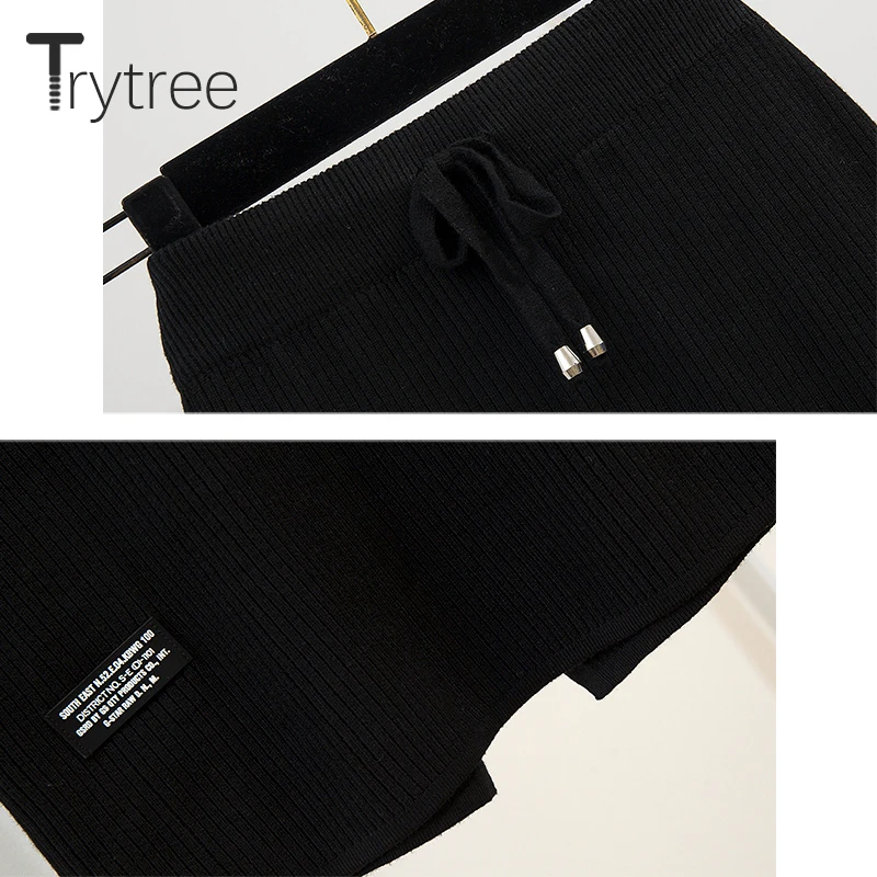 Trytree Autumn Winter two piece set Casual Spliced Loose Knitwear Sweater + Skirt Drawstring Fashion Office Lady Set 2 Piece Se | Женская
