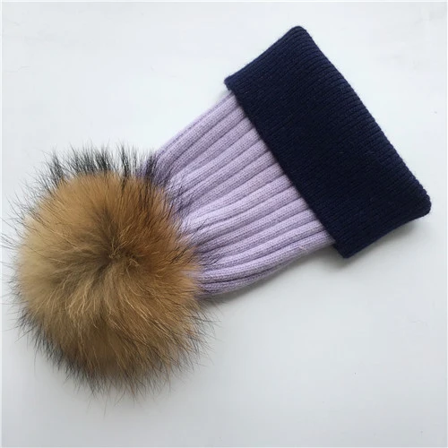 Purple-navy N Зимняя шапка, модная шапка с натуральным мехом, женские шапки с помпоном, кашемировый шерстяной вязаный берет, меховая шапка с помпоном, шапка с большим мехом енота - Цвет: Purple-navy N