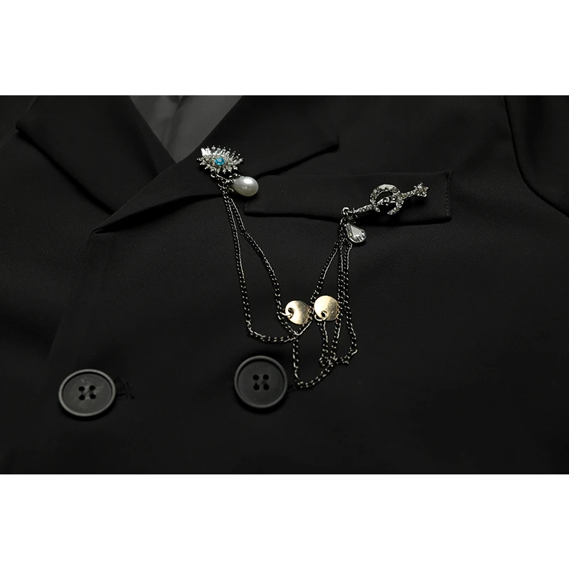 Женский пиджак с цепочкой повседневный винтажный черного цвета длинным рукавом