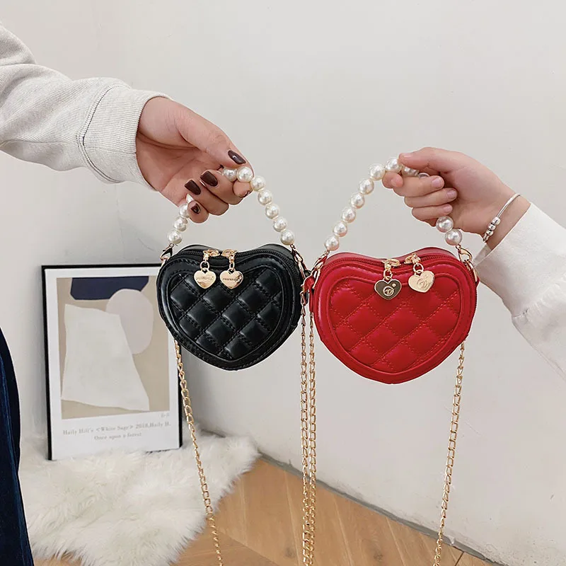 

Womens Purses And Handbags 2021 Cute Kids Heart Hand Bags Tote Girls Small Coin Pouch Baby Mini Party Pearl Purse