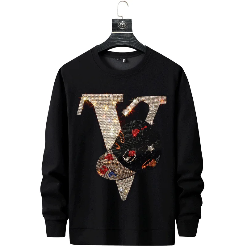 

Men Letter Rhinestones 2021 Hoodie Sweatshirt Fashion Slim Streetwear Full Pullover Hoodie O Neck Rib Cotton Mens Autumn Clothes