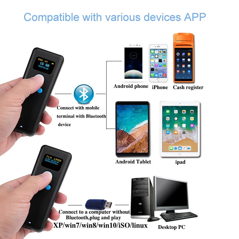 

M8 Mini Barcode Scanner Bluetooth Portable QR Code Reader 1D 2D PDF417 2.4G Wireless Scanner For Supermarket Express Delivery