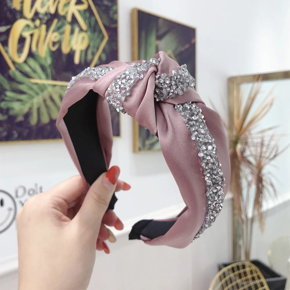 

Fashion Rhinestone Hairband Women Solid Wide Side Headband Middle Knot Turban Girls Autumn Winter Hair Accessories Headwear