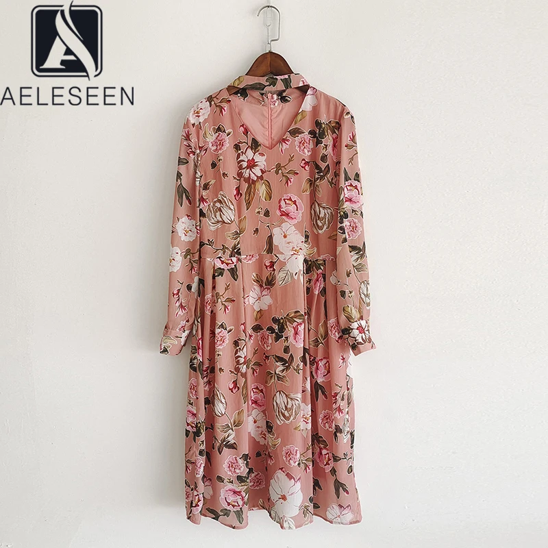 

AELESEEN Women New Spring Autumn Dress 2021 Runway Fashion Pink Flower Print Neck Hollow Out Ladies Holiday Midi Dress