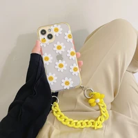 cute smiley face daisy flower wrist chain phone case for iphone 13 11 12 pro max xr xs max x 7 8 plus tpu clear shockproof cover