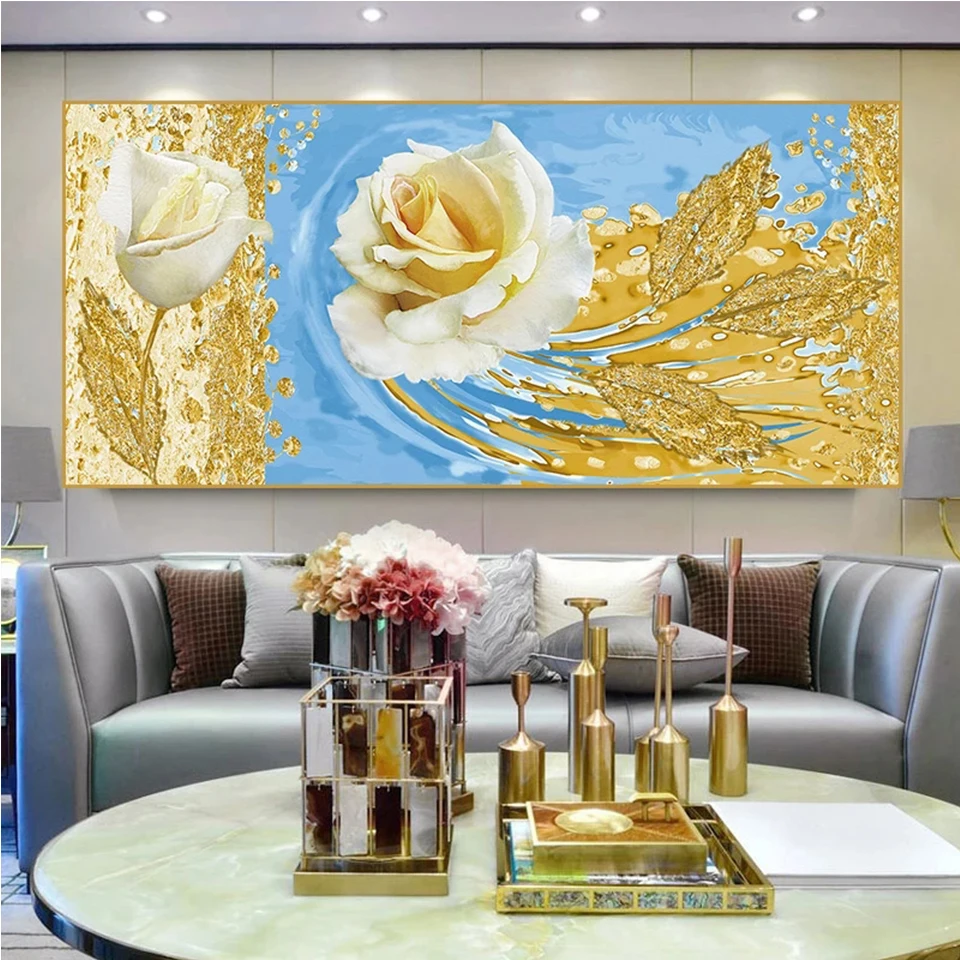 

Noridc Diy Diamond Painting Golden Foil Flower Floral Plant Leaf 5D Living Room Murals Home DecorZP-5077