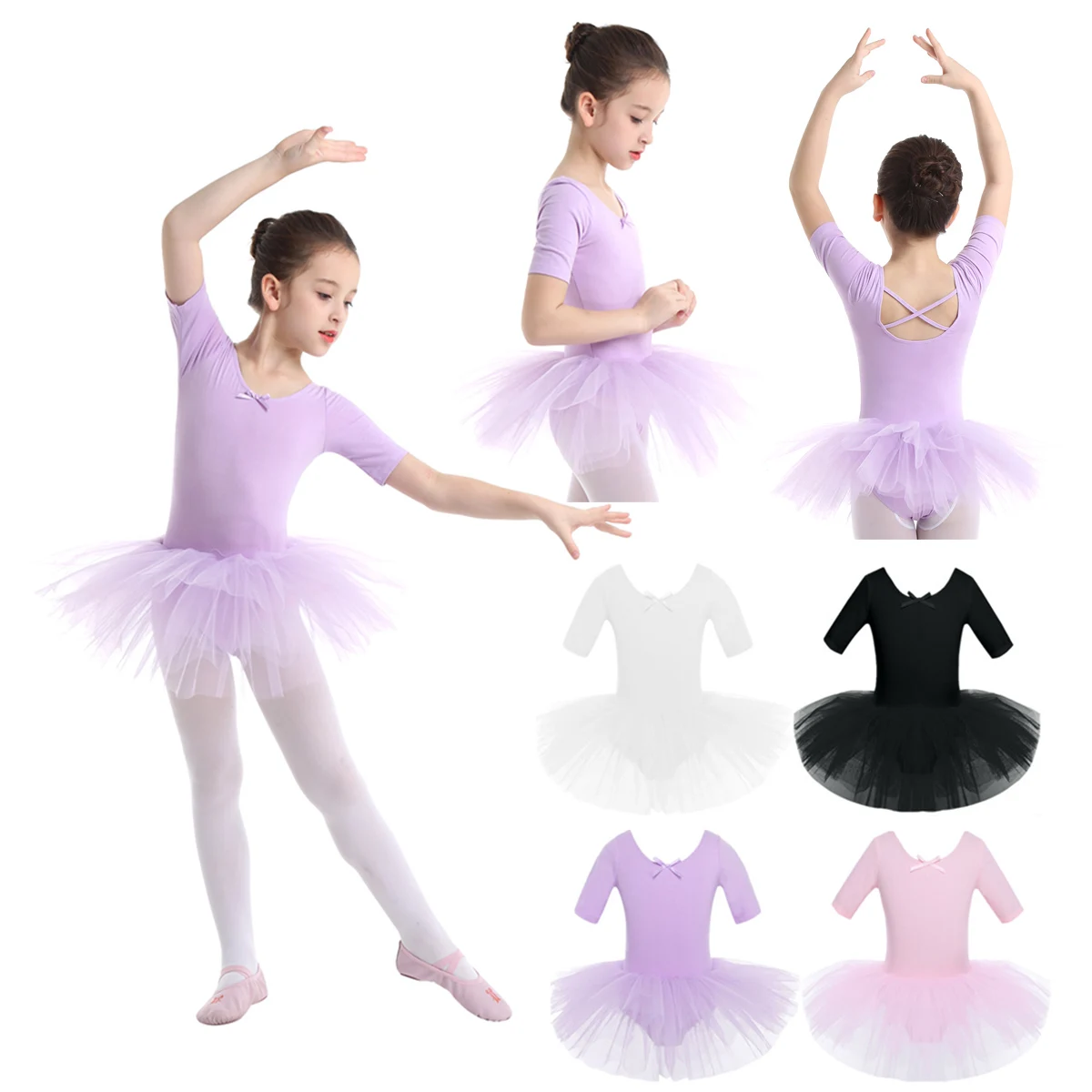 

2-10 Years Kids Girls Dancewear Short Sleeve Cotton Tulle Ballet Dance Gymnastics Leotard Performance Tutu Dress Fast delivery