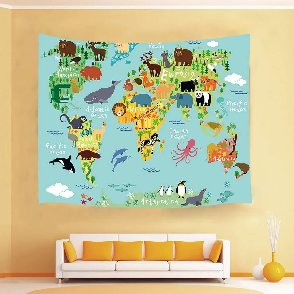 Настенная карта мира подвесная мультяшная с животными распределительная