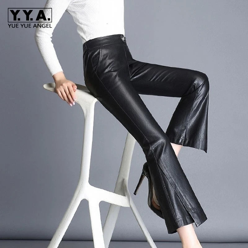 Зимнее Новое поступление модные женские брюки из овечьей кожи клеш офисные с