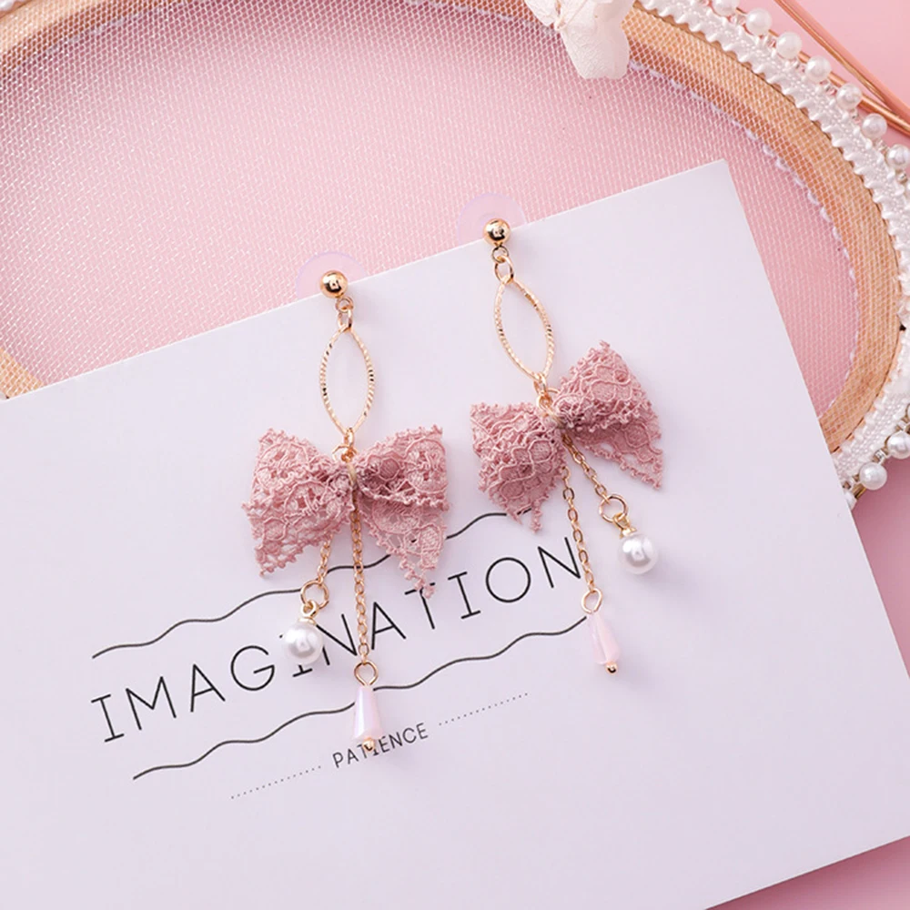 Милые серьги с кружевным бантом и кисточками модные элегантные длинные висячие