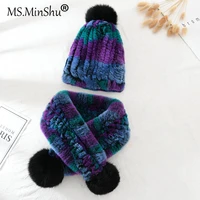 childrens rex rabbit fur hat scarf set hand knit beanies with fox pompoms winter hat scarf for kids