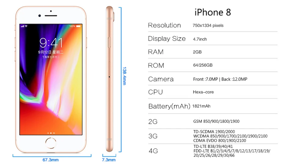 Apple iPhone 8 4," 4G LTE 2 Гб ОЗУ 64 Гб/256 Гб ПЗУ Беспроводная зарядка Hexa Core 12MP Touch ID IOS 11 разблокированный мобильный телефон