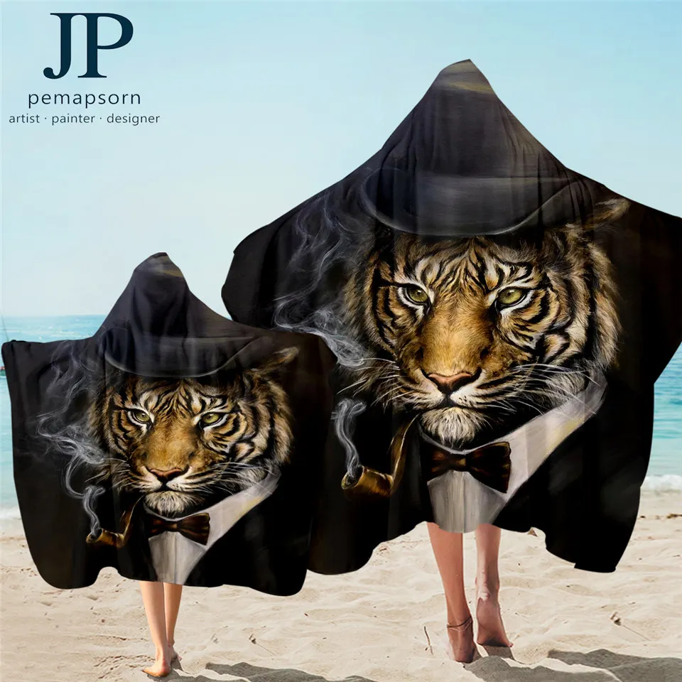 Tiger by Jp.pemapsorn Hooded Towel 3D Printed Bath Hoodie Smoking Animal Wearable Toalla Gentleman Black Cool Beach |