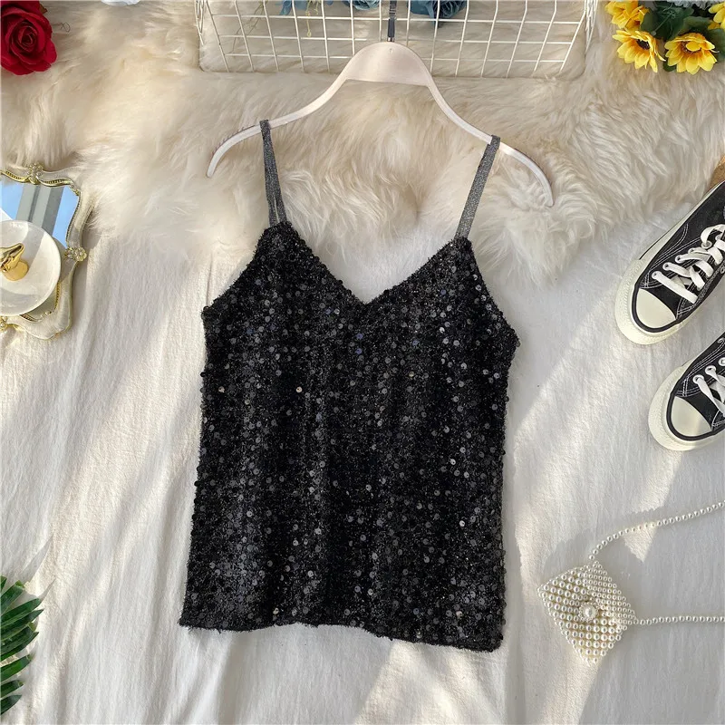 Design sparkling sequined camisole v-neck sexy sleeveless shirt women | Женская одежда