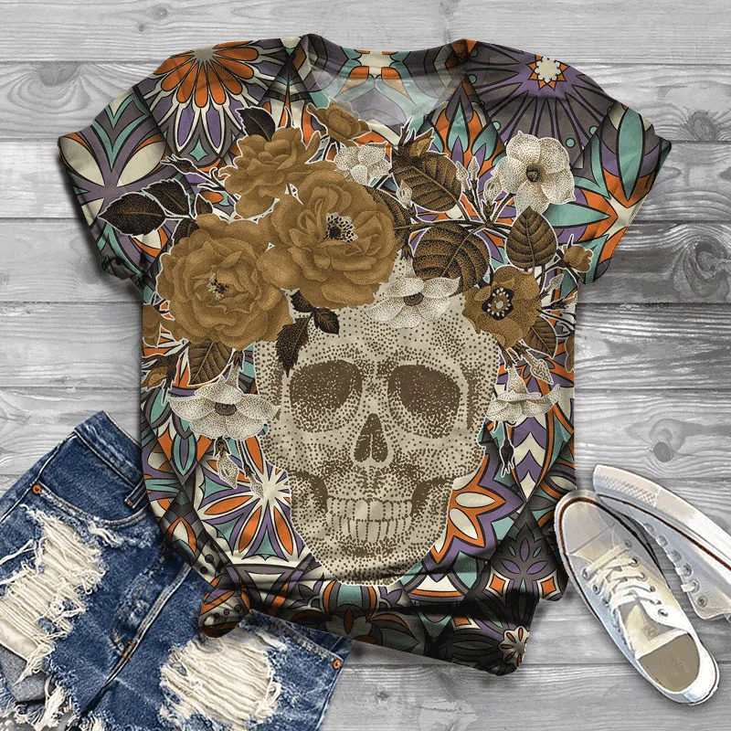

Harajuku Ladies T-shirt Comfortable Soft Fabric 2021 Skull T-shirt Ladies New Style Rose Fashion Trend Camouflage Street Summer