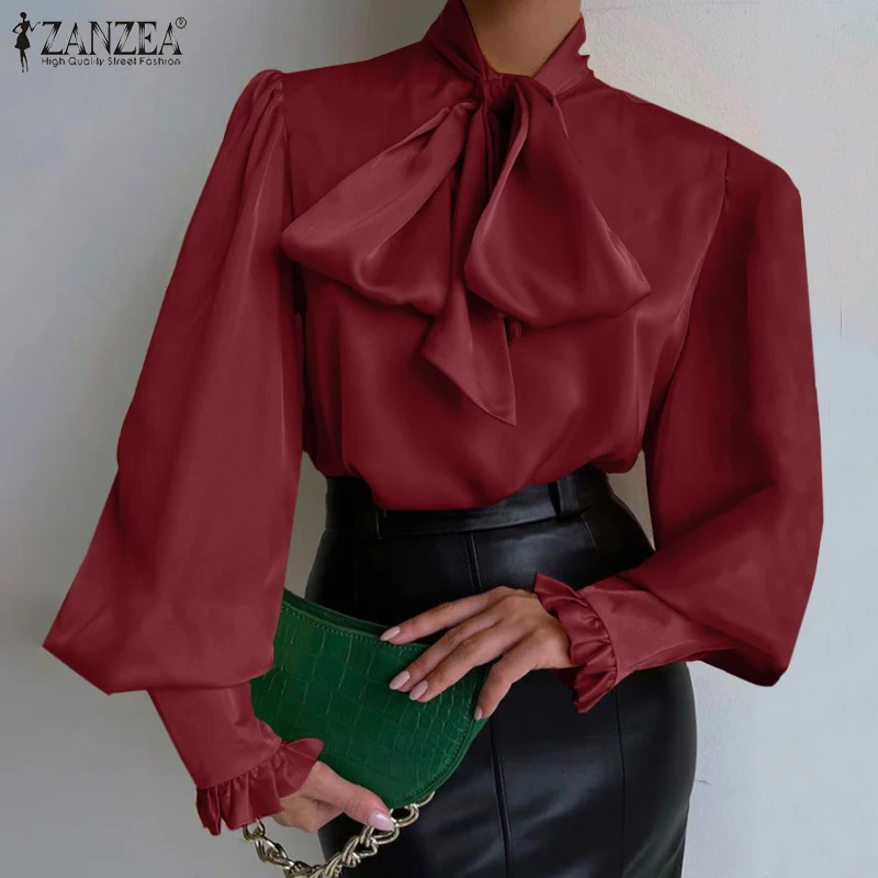 Элегантная офисная рубашка ZANZEA туника топы модная однотонная атласная блузка с