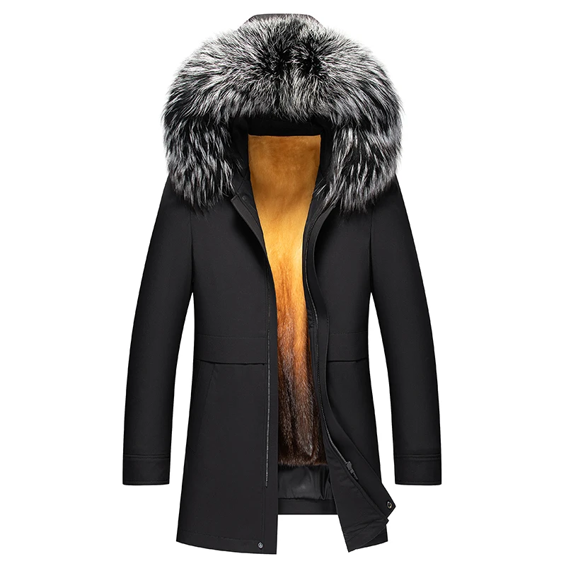 

Fashion Winter Men's Jacket Hooded Black Fur Coat Jacket for Men Detachable Fox Fur Collar and Liner jaqueta de couro, M-4XL