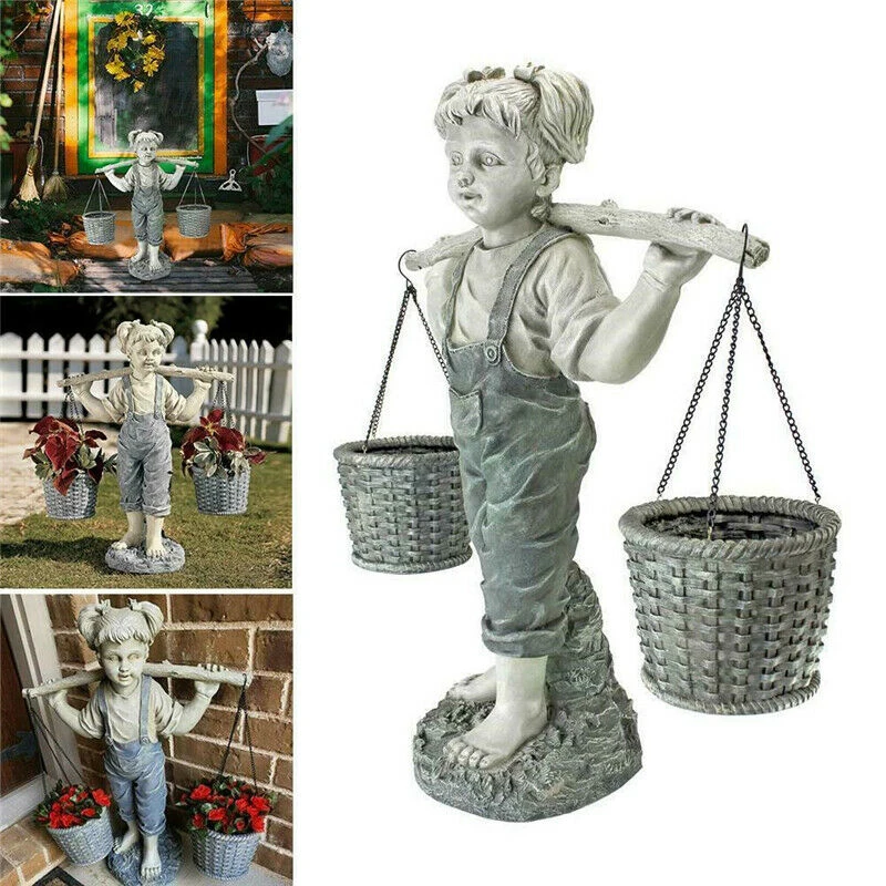 

Girl Flowers Garden Statue Little Girl Carrying a Load Courtyard Art Sculpture Decoration Outdoor Garden Resin Statues