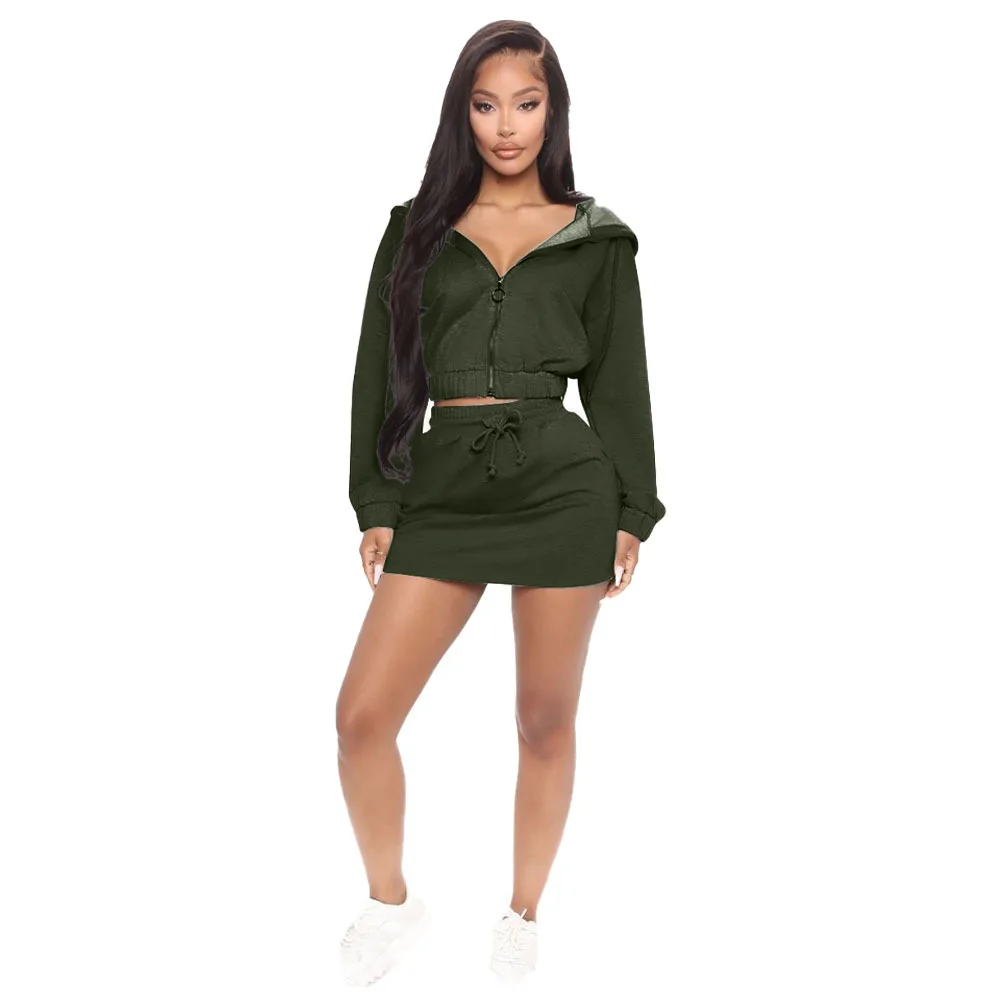 

2021 new fashion women's hooded zipper skirt set