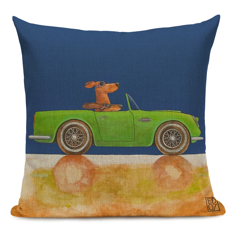 Hot Sale Pillow Lovely Cartoon Dog Cat Color Driving Car Vintage Almofadas 45X45CM Linen Pillow Decorative Linen Cushion Cover