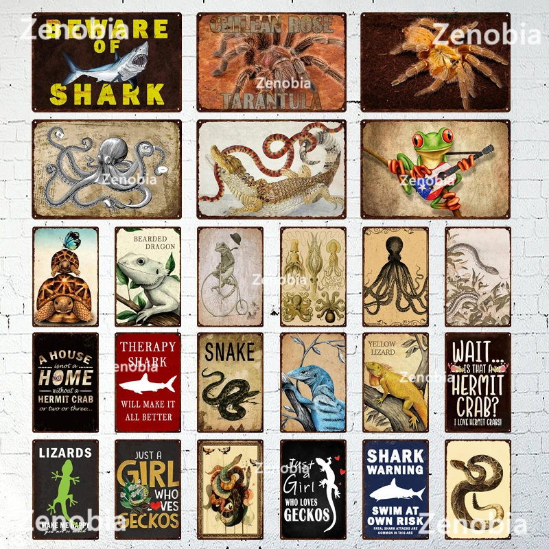 

Декор Zenobia в виде животного холодной крови, винтажный металлический жестяной знак, ящерица, паук, Акула, Забавный знак для бара, паба, клуба, м...