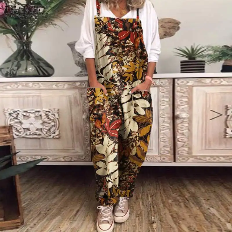 

Oversized ZANZEA Women Vintage Printed Jumpsuits Rompers 2022 Spring Summer Sleeveless Overalls Casual Loose Cotton Playsuits