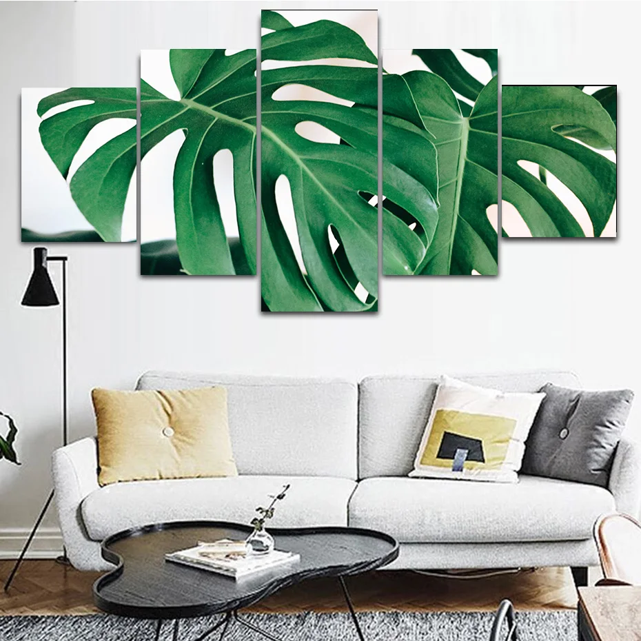 Скандинавский зеленый лист печатает плакаты 5 шт. HD модульная настенная живопись