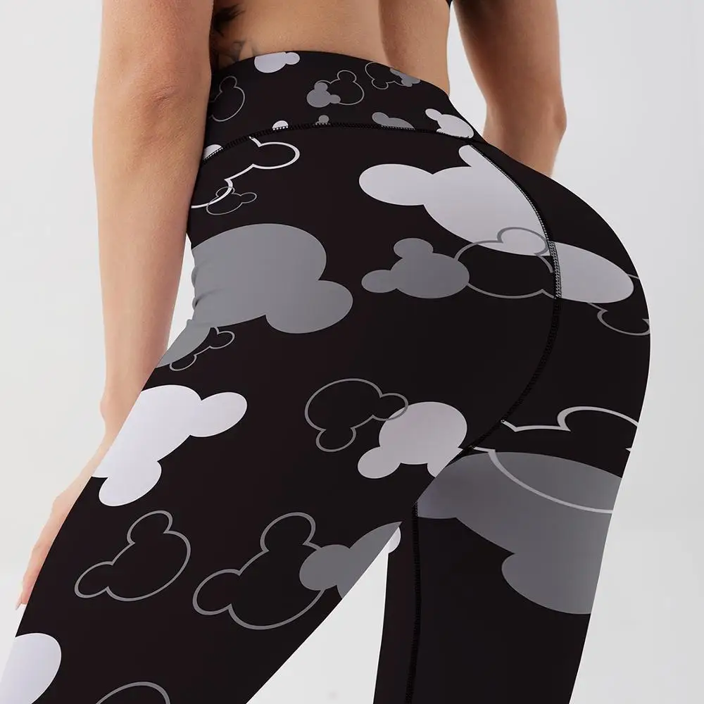 Women Quick Dry Sport Fitness Black Leggings Cartoon Mouse Head Printed Sports Pants Yoga Slim Tights Trousers For Women