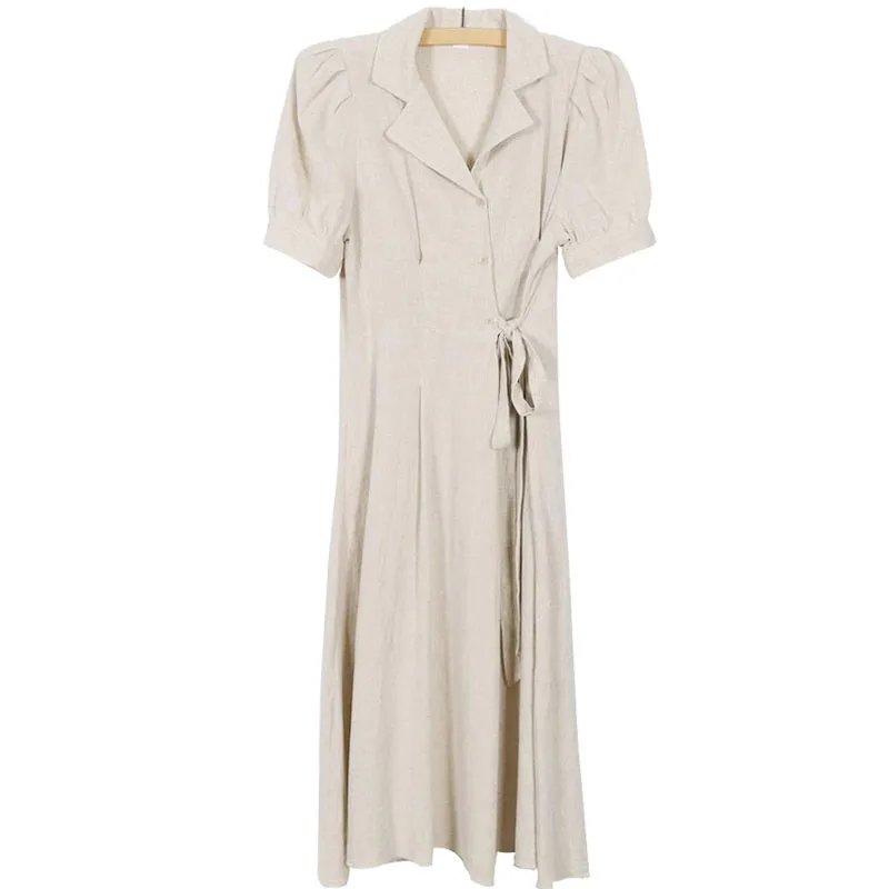 

French Style Retro V-neck Elegant Cotton and Linen Dress One-Piece Waist Slimming Mid-Long Korean Style Kong Style Blouse