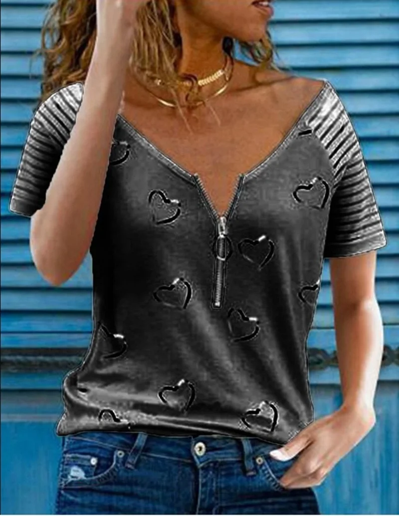 

2021 V Neck Zipper Casual Loose Short Sleeve Tops Women's Printed T Shirt Summer Fashion Sexy Plus Size Clothing Streetwear New