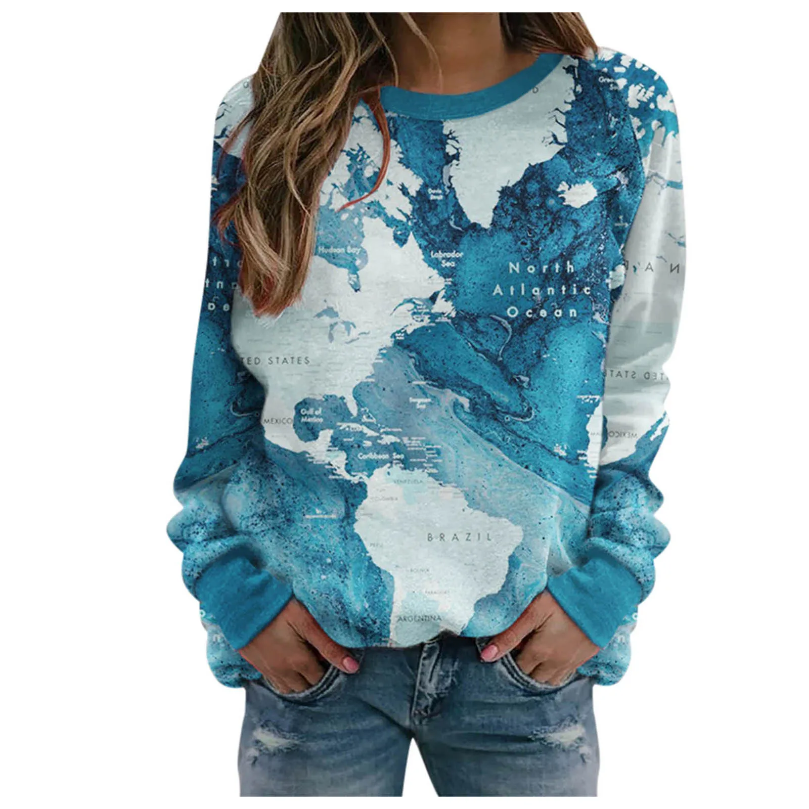 Женские толстовки с принтом карты мира винтажный свитшот круглым вырезом и