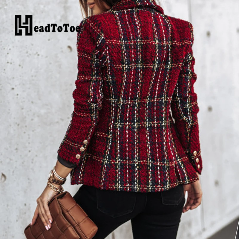 

Plaid Print Double Breasted OL Fashion Tops Women Full Sleeve Notched Slim Blazer Women