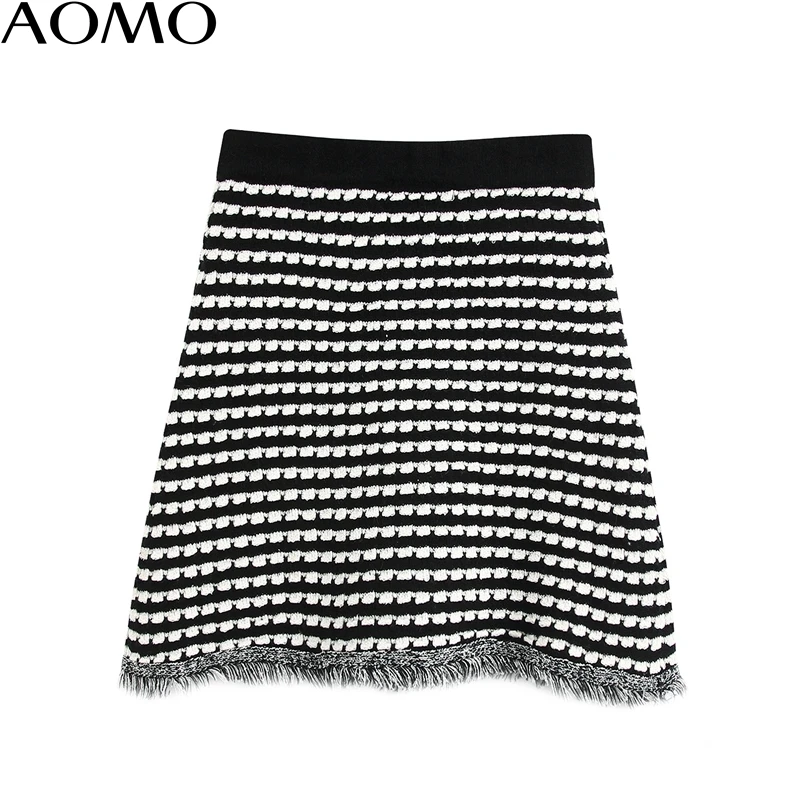 

AOMO 2020 fashion women striped print knit skirts faldas mujer strethy waist female Elgant mini skirt ladies BE368A
