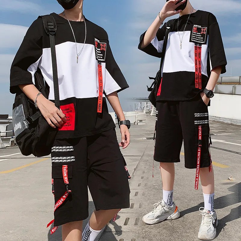 

Костюм спортивный мужской из 2 предметов, футболка и шорты, Свободные повседневные короткие штаны, рабочая одежда, лето