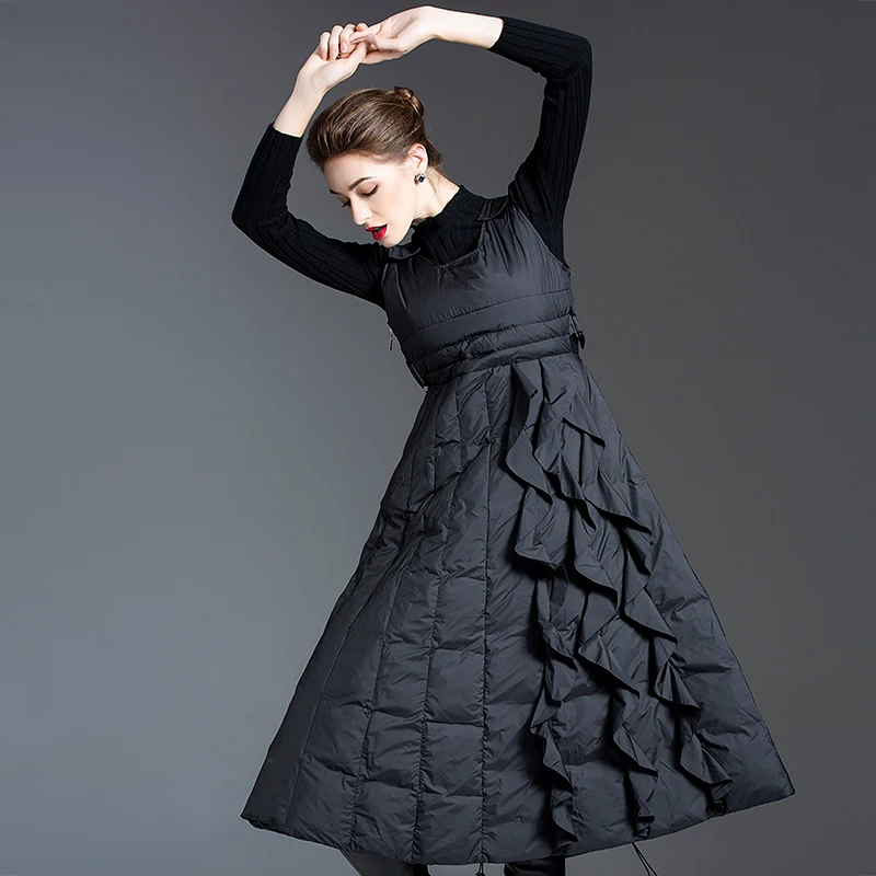 Dress Winter Down Long Coats Women Black Sleeveless Dresses Caramel Ruffle Design Slim Velcro Warm And Light Female Clothes