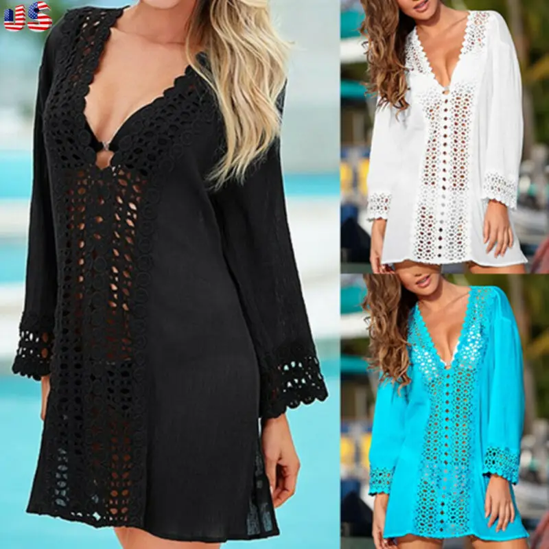 Women Sexy Lace Crochet Bikini Cover Up Beachwear Summer Deep V Neck Beach Dress Bathing Suit | Женская одежда