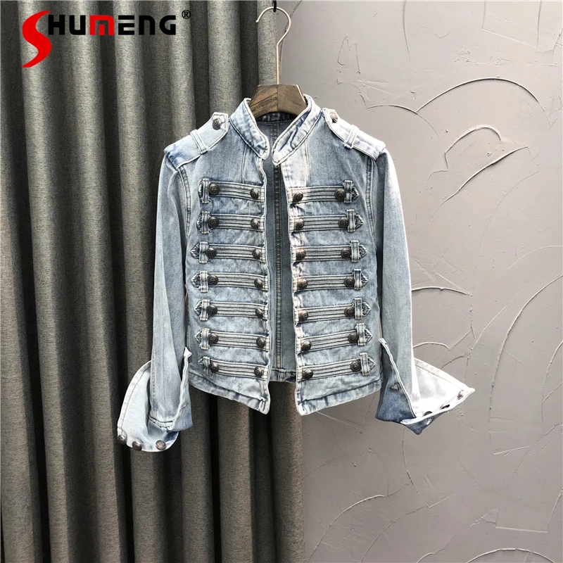 

High Street Personalized Buckle Short Denim Coat for Women 2021 New Spring Fashion Single-breasted Blue Jeans Jacket Outerwear