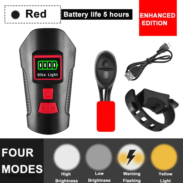 Enhanced Red 3 в 1 светильник для горного велосипеда с зарядкой от usb, велосипедный передний светильник, светильник-вспышка на руль, велосипедный головной светильник, измеритель скорости, ЖК-экран - Цвет: Enhanced Red