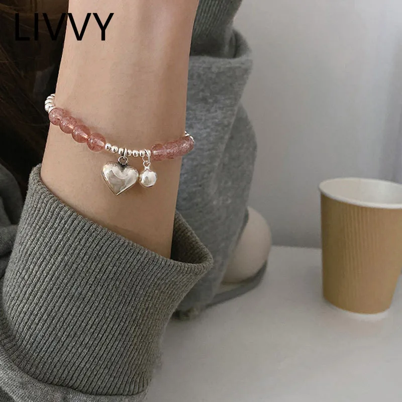 

LIVVY Strawberry Crystal Bead Chain Silver Color Bracelet Women Fashion Temperament Heart Ball Pendant Bangles Jewelry Gift