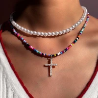 boho simulated pearl bead necklaces for women rhinestone cross pendant necklace multicolor seed beads strand aesthetic jewelry