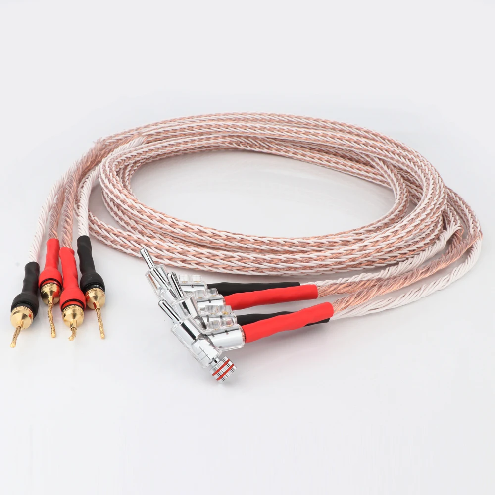 

Pair Hi-End 8TC 5N OCC Copper Speaker Cable Gold Plated Banana Pin Plug To Rhodium Plated Angled Plug HiFi Loudspeaker Cable