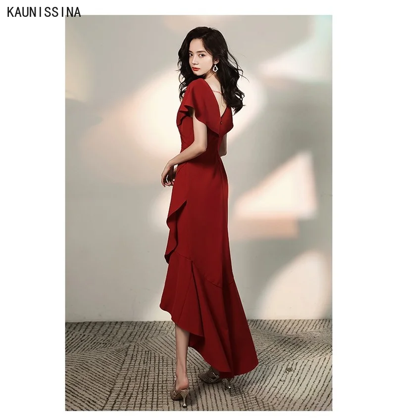 

KAUNISSINA Women Cocktail Dresses V-Neck Short Sleeve Asymmetrical Mermaid Formal Dress Lady Elegant vestidos de fiesta de noche
