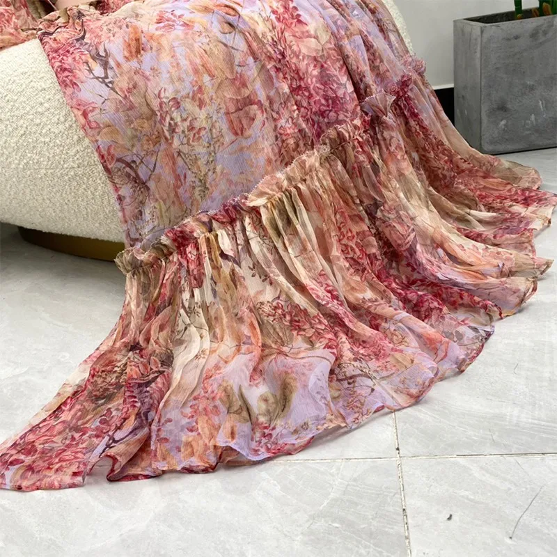 

2021 Summer Fashion Women High Quality 100% Silk Floral Botanical Print Long Sleeve Half High Collar Ankle Dresses With Sashes