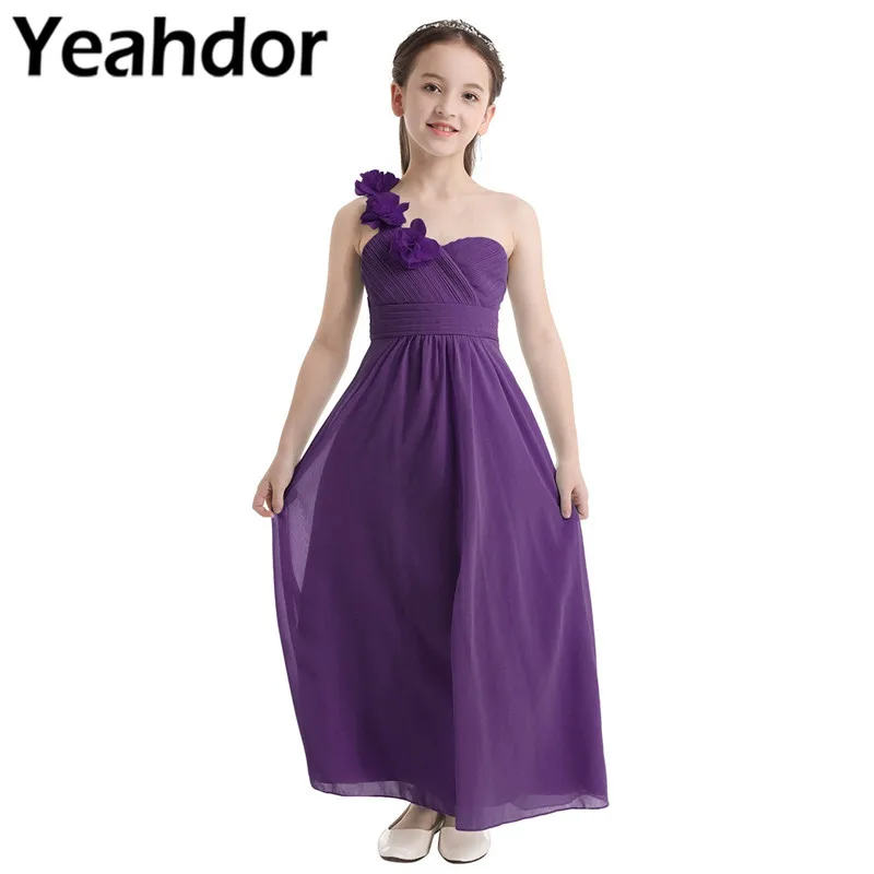 Для маленьких девочек шифоновое платье на одно плечо с рюшами плиссированное