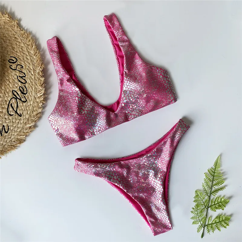 Купальник женский блестящий розовый с высокой талией и пуш-апом | Женская одежда