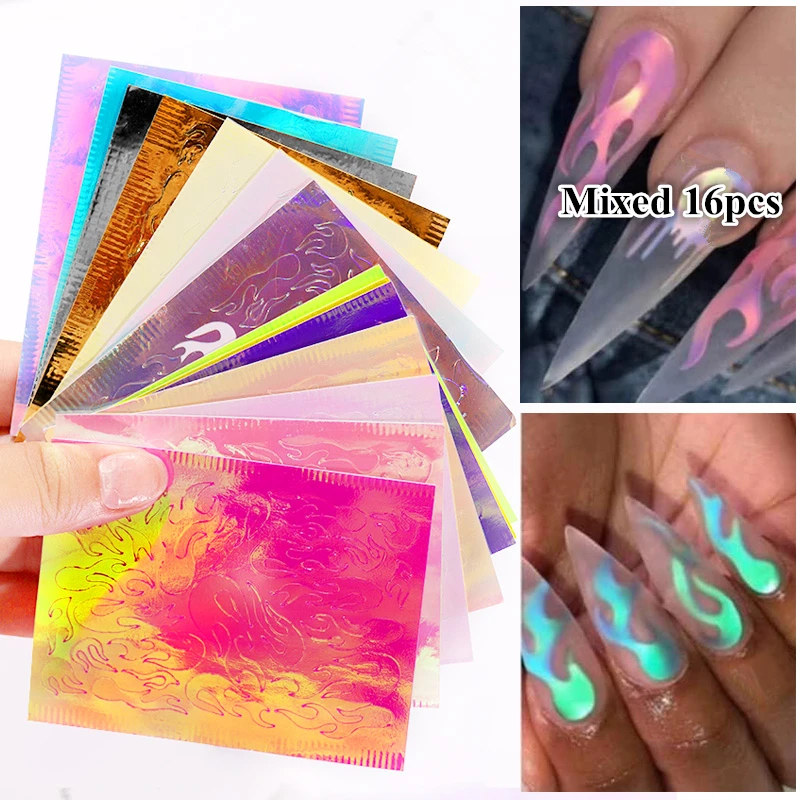 

16Sheets / Set Nail Art Flame Sticker Hot Style Laser Symphony Flame Nail Sticker with Adhesive DIY Nail Art Decoration Sticker