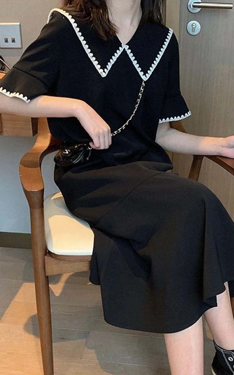 

Oversized Black Dress Sweet Preppy Women Plus Size Dress Casual Peter Pan Collar Short Sleeve Slim Large Sizes Dresses Vestidos